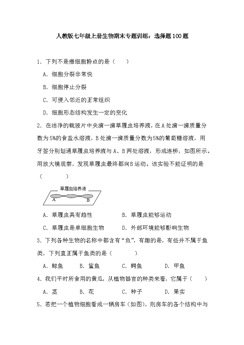 人教版七年级上册生物期末专题训练:选择题100题(含答案)第1页