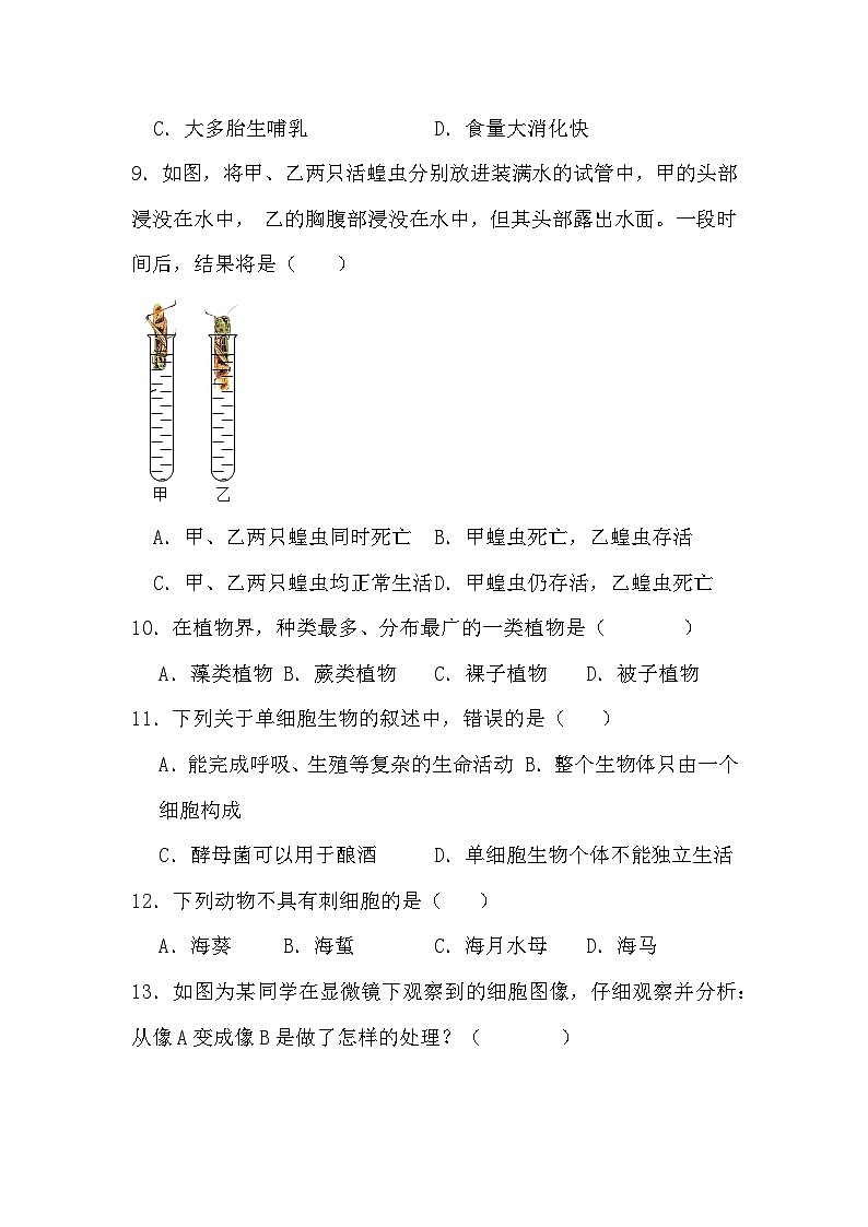 人教版七年级上册生物期末专题训练:选择题100题(含答案)第3页