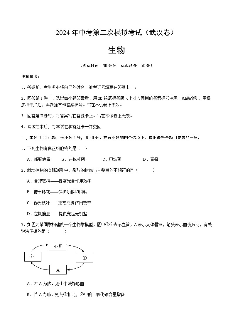 2024年中考生物(武汉)第二次模拟考试(含答案)第1页