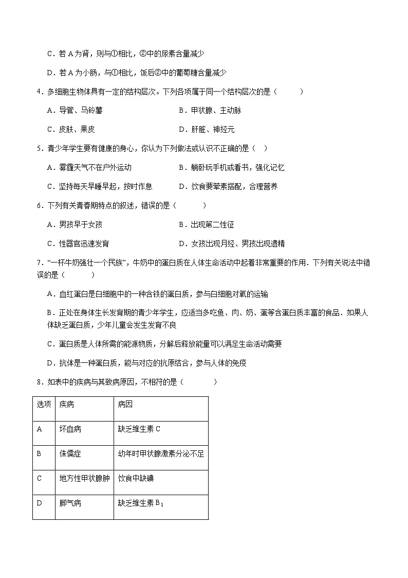 2024年中考生物(武汉)第二次模拟考试(含答案)第2页