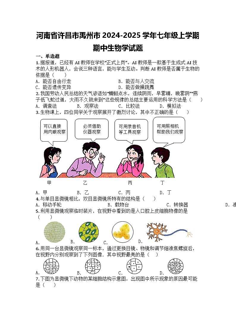 河南省许昌市禹州市2024-2025学年七年级上学期期中生物学试题第1页