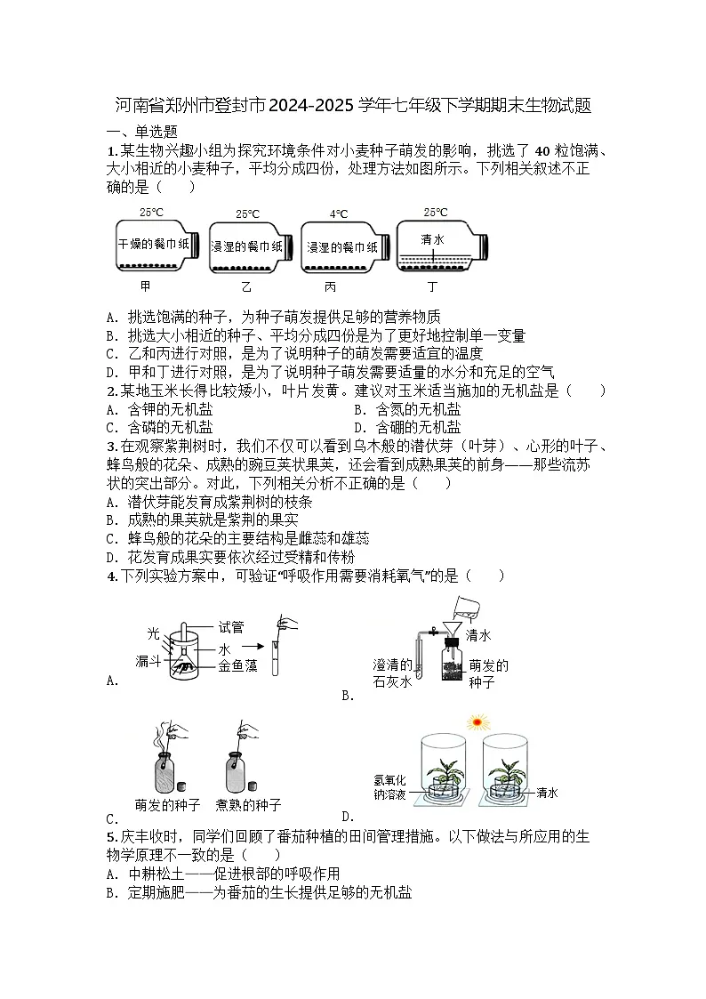 河南省郑州市登封市2024-2025学年七年级下学期期末生物试题第1页