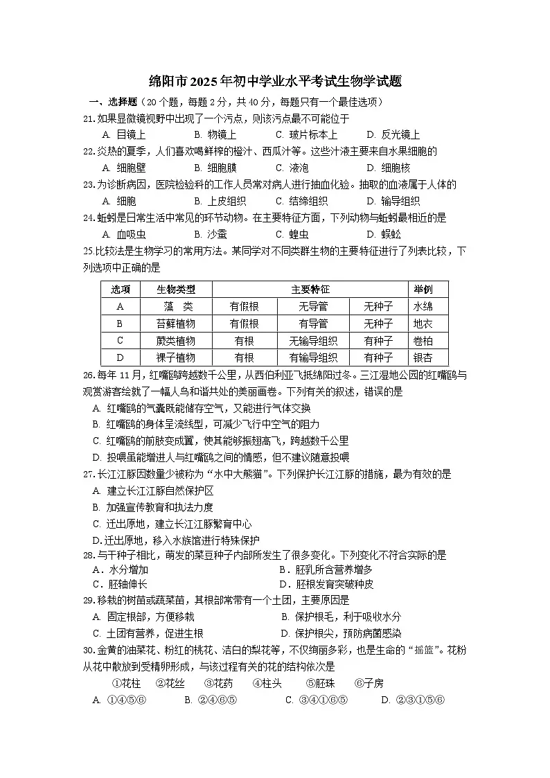 2025年四川省绵阳市初中学业水平考试生物学试题(附答案)第1页