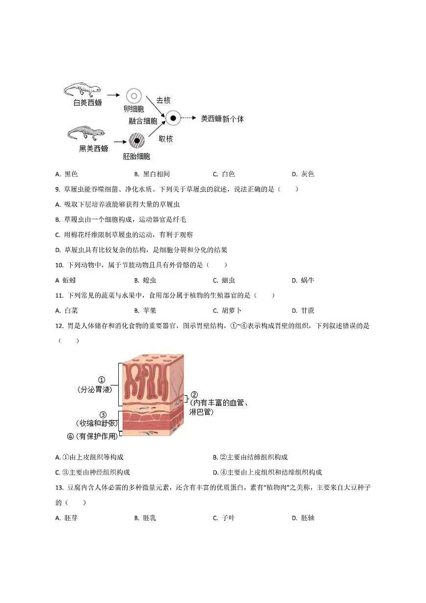 2025-2026学年吉林省松原市七年级上学期期末测试生物试卷(有答案)第2页