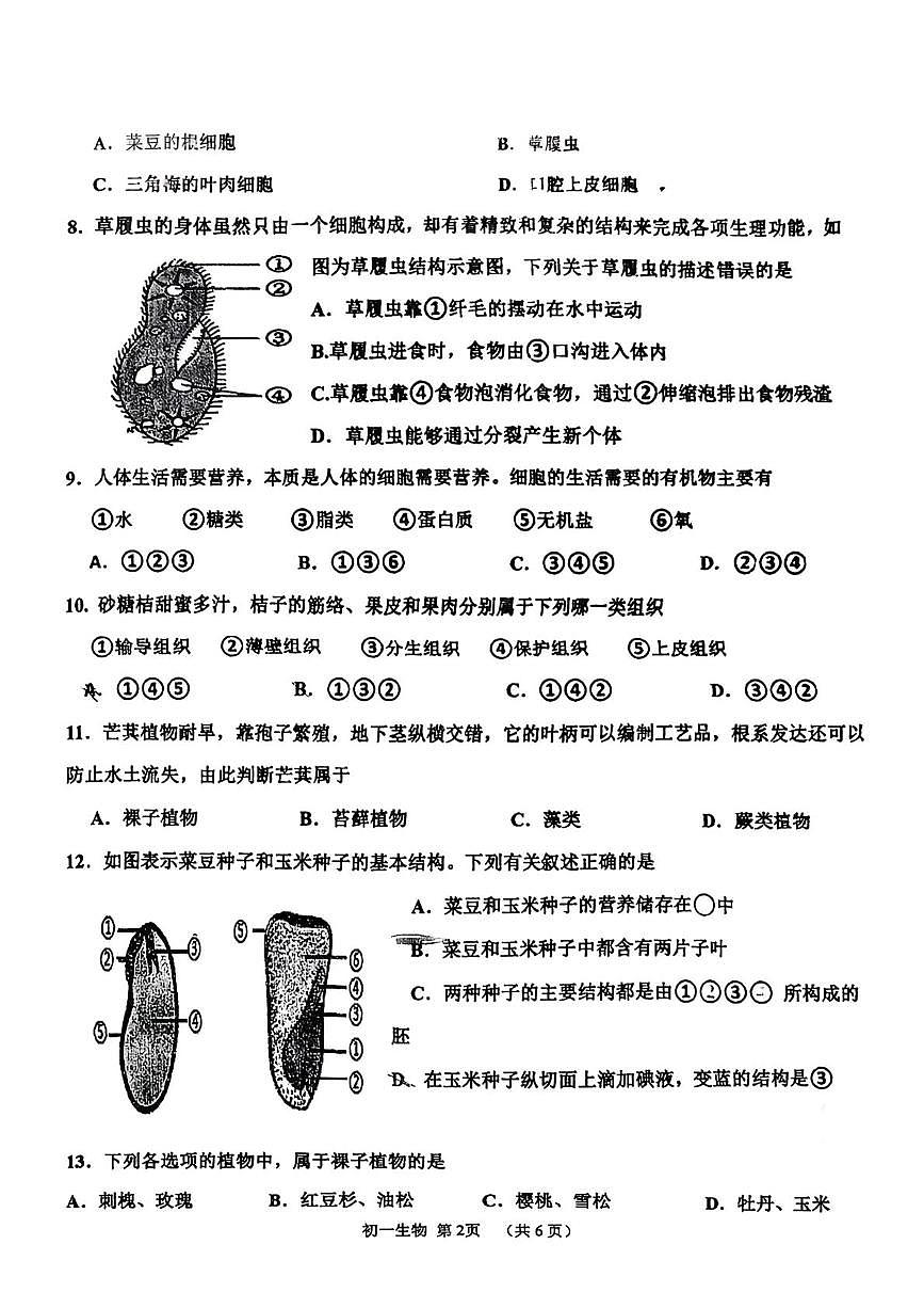 吉林省松原市宁江区油田第十二中学2025-2026学年七年级上学期1月期末生物试题第2页
