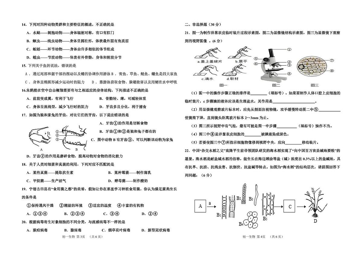吉林油田第十二中学2025—2026学年度第一学期期末质量检测 七年级生物试卷(含答案)第2页