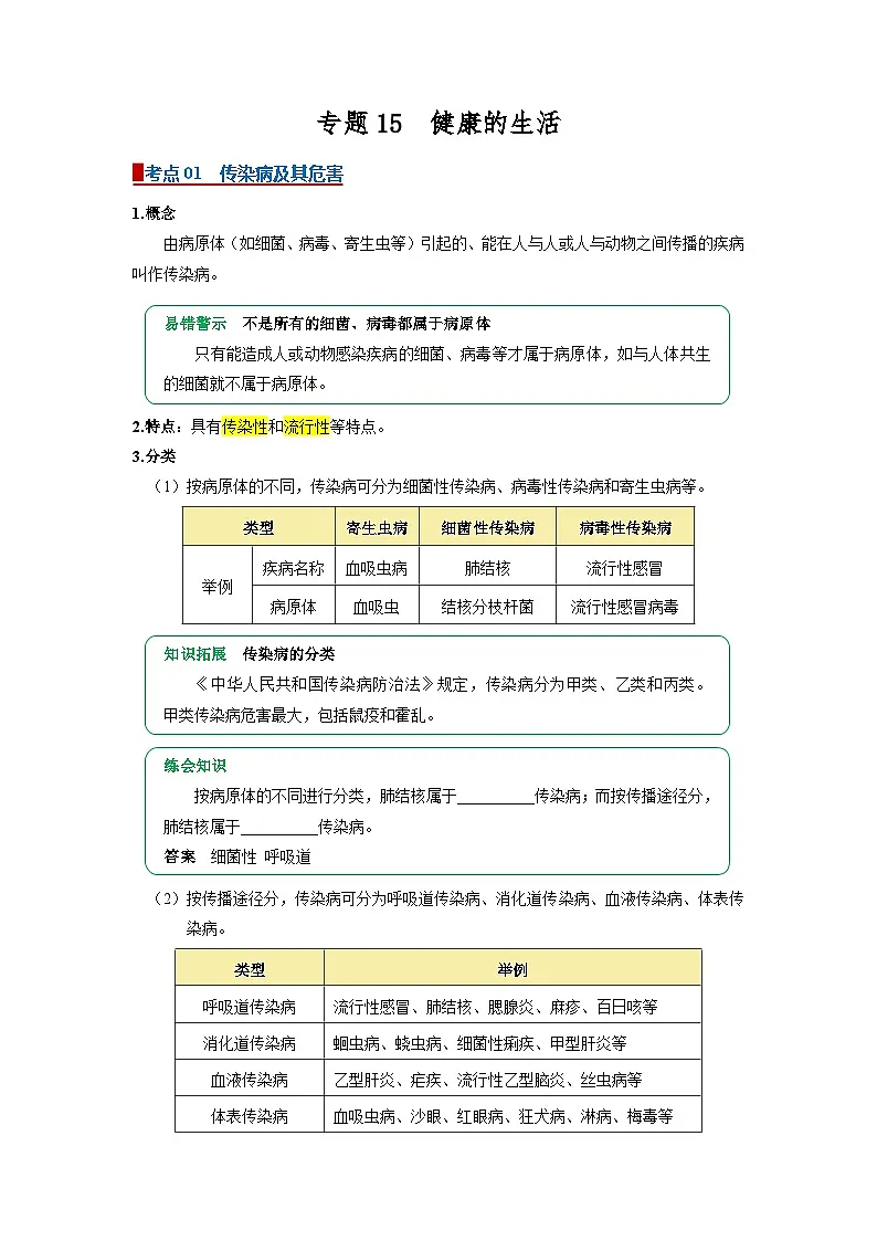 专题15 健康的生活(word) 2025-2026学年初中生物人教版2024一轮复习讲义知识清单+习题(原卷版)第1页
