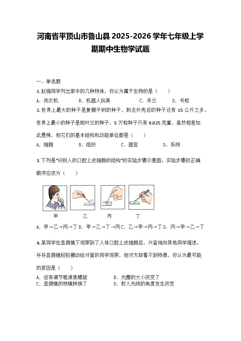 河南省平顶山市鲁山县2025-2026学年七年级上学期期中生物学试题第1页