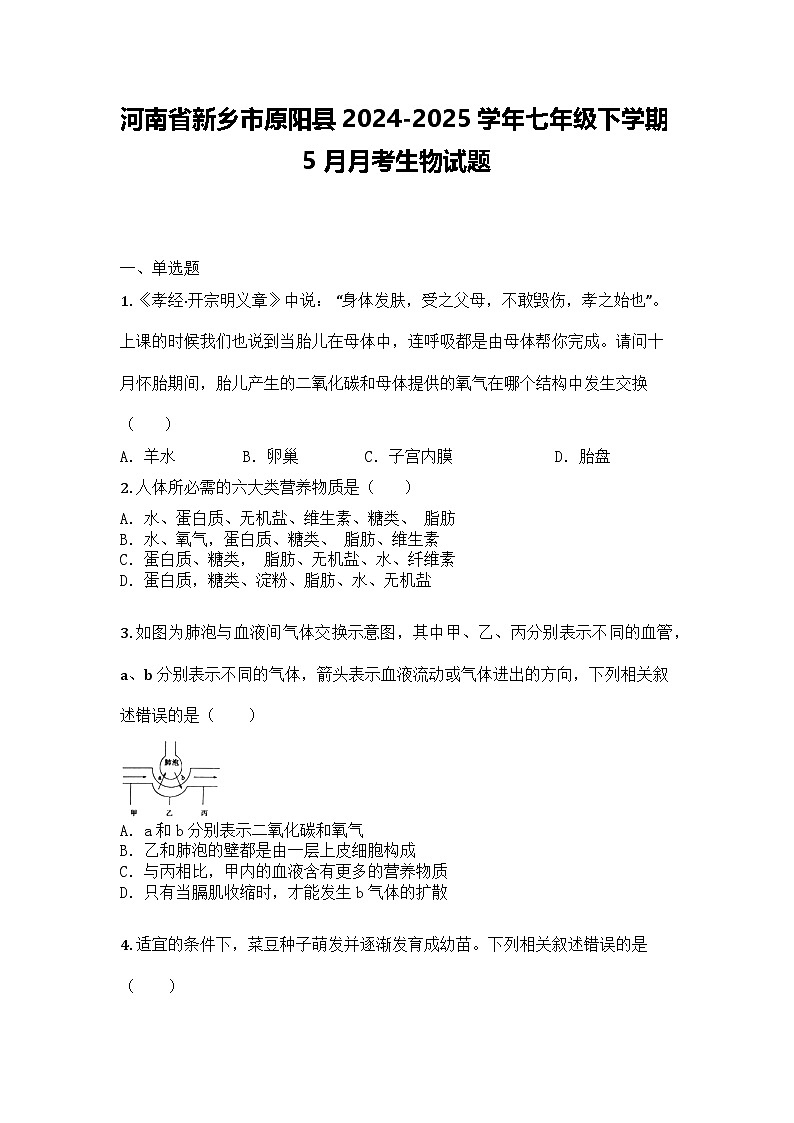 河南省新乡市原阳县2024-2025学年七年级下学期5月月考生物试题第1页