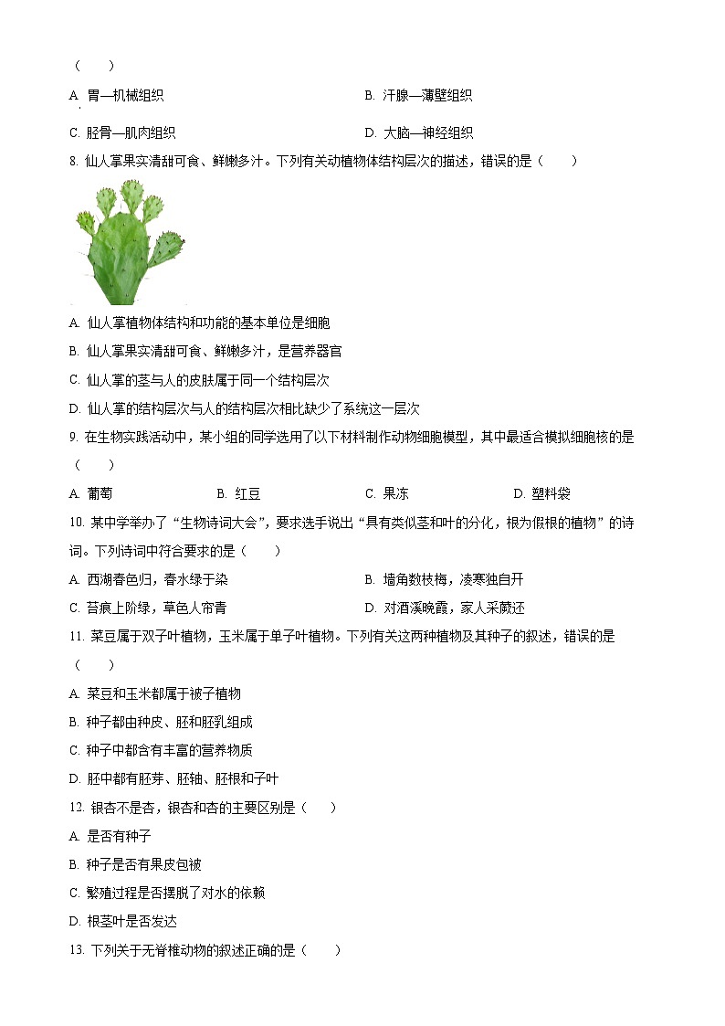 甘肃省陇南市西和县2024—2025学年七年级上学期期末生物试题(原卷版)-A4第2页