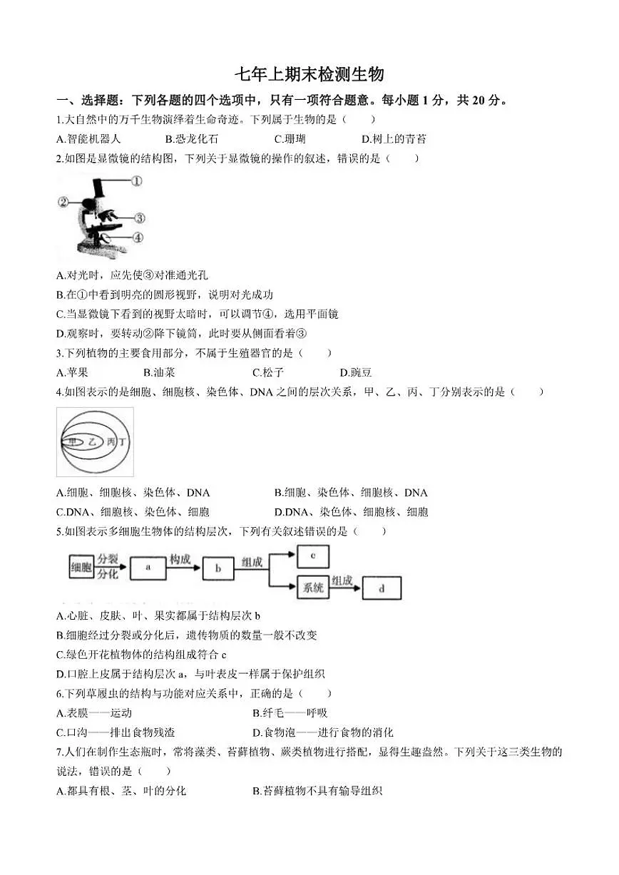 2025-2026学年吉林省长春市七年级上学期期末生物学试题(有答案)第1页