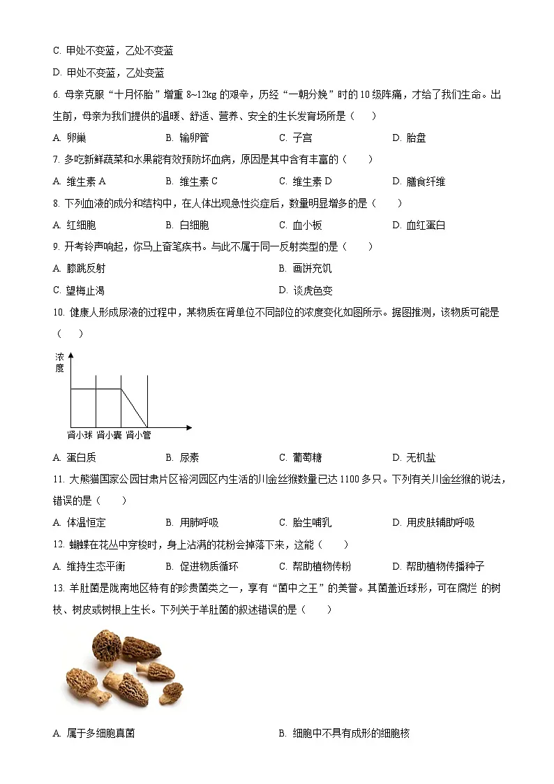甘肃省陇南市武都区九年级下学期中考一模生物试题(原卷版)-A4第2页