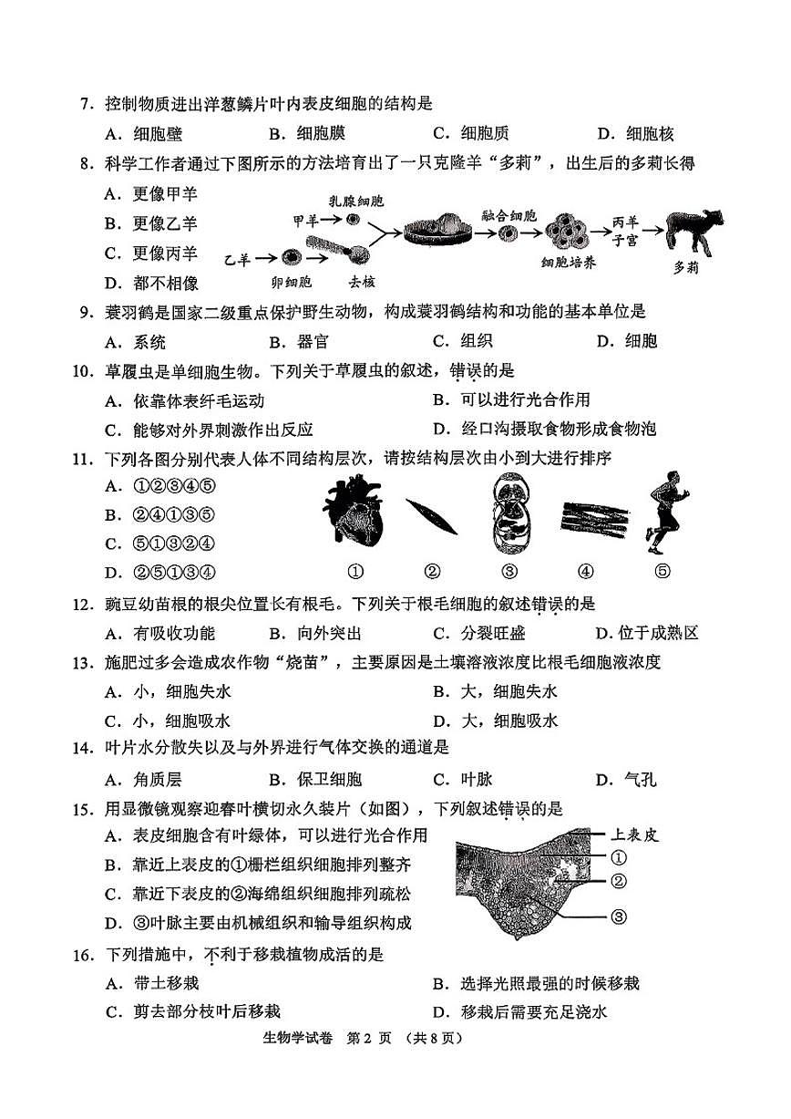 2025-2026学年北京石景山七年级上册期末生物_(无答案_)试卷第2页