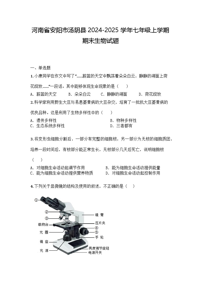 河南省安阳市汤阴县2024-2025学年七年级上学期期末生物试题第1页