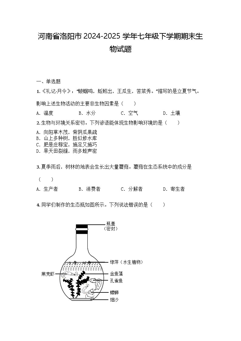 河南省洛阳市2024-2025学年七年级下学期期末生物试题第1页