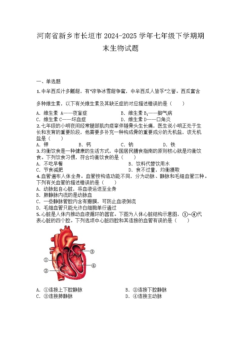 河南省新乡市长垣市2024-2025学年七年级下学期期末生物试题第1页