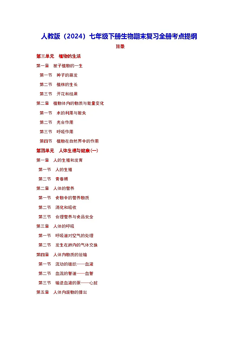 人教版(2024)七年级下册生物期末复习全册考点提纲 讲义第1页