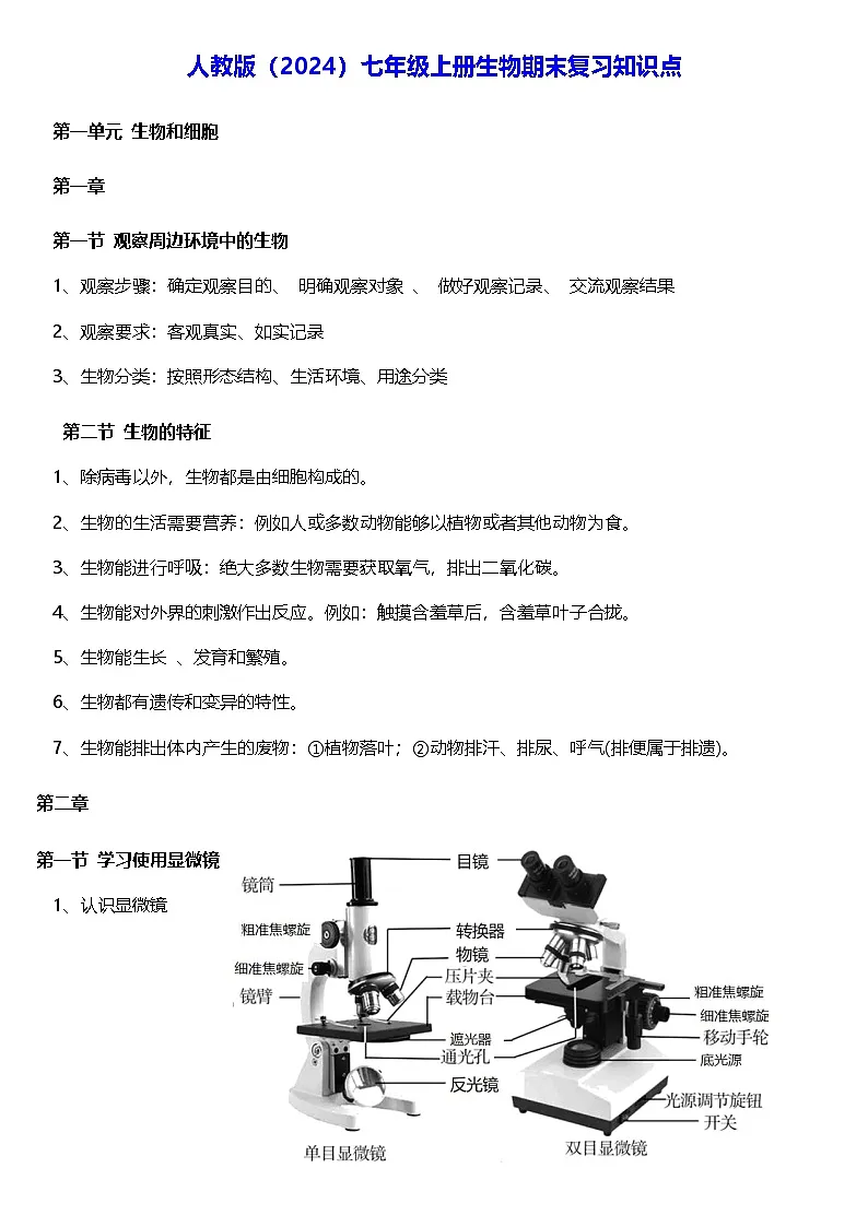 人教版(2024)七年级上册生物期末复习知识点 讲义第1页