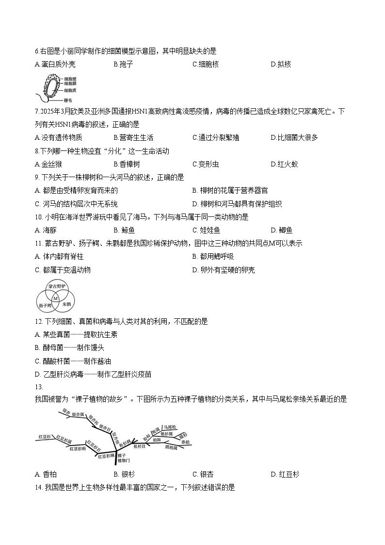 山西省运城市闻喜县部分学校2025_2026学年七年级上学期期末测试生物试卷(文字版含答案)第2页