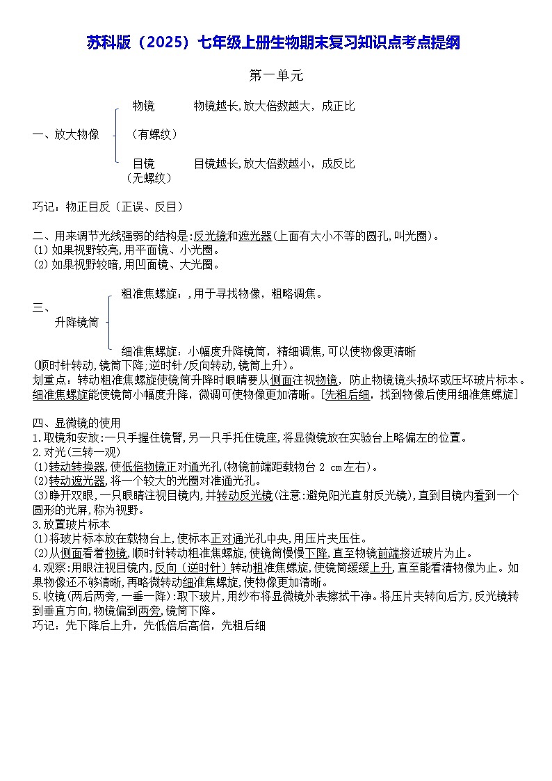 苏科版(2025)七年级上册生物期末复习知识点考点提纲 讲义第1页