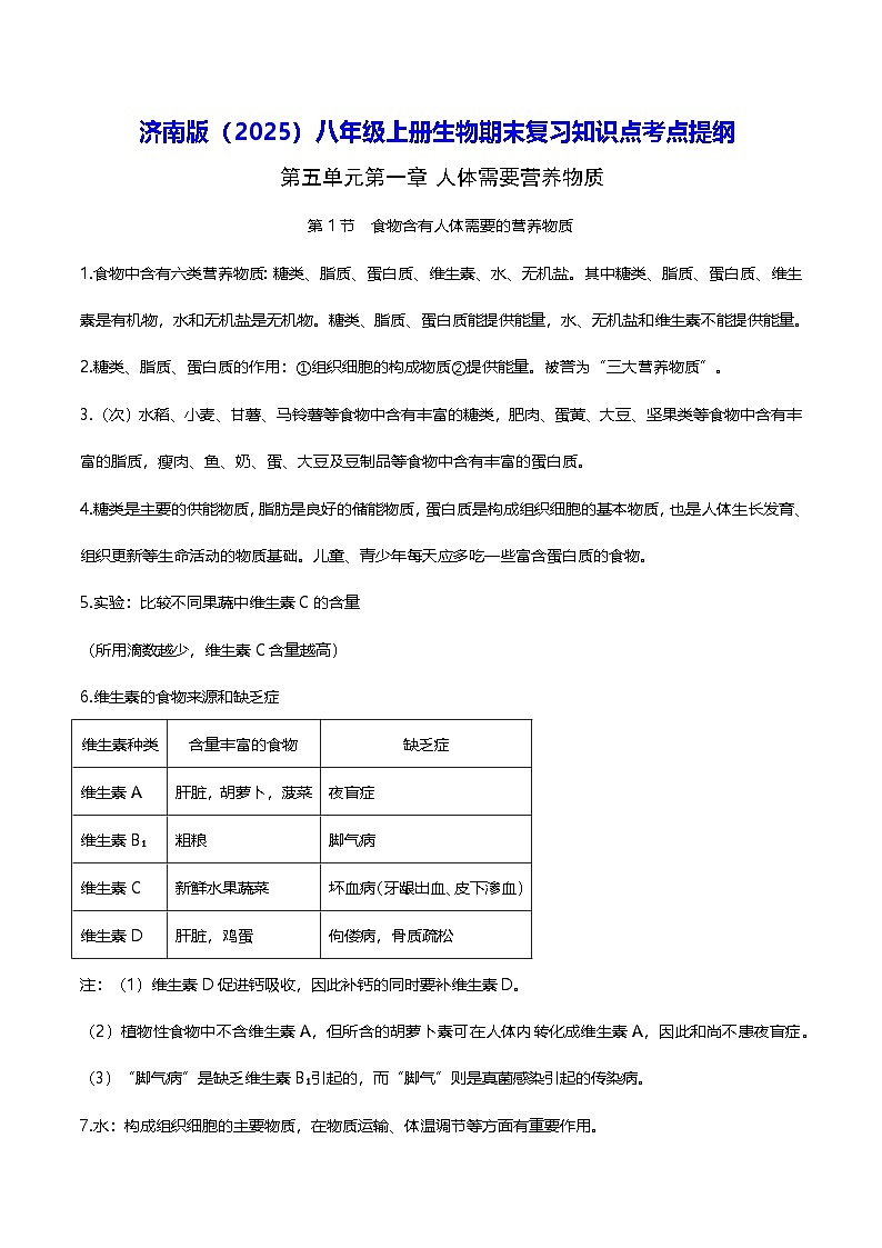 济南版(2025)八年级上册生物期末复习知识点考点提纲 讲义第1页