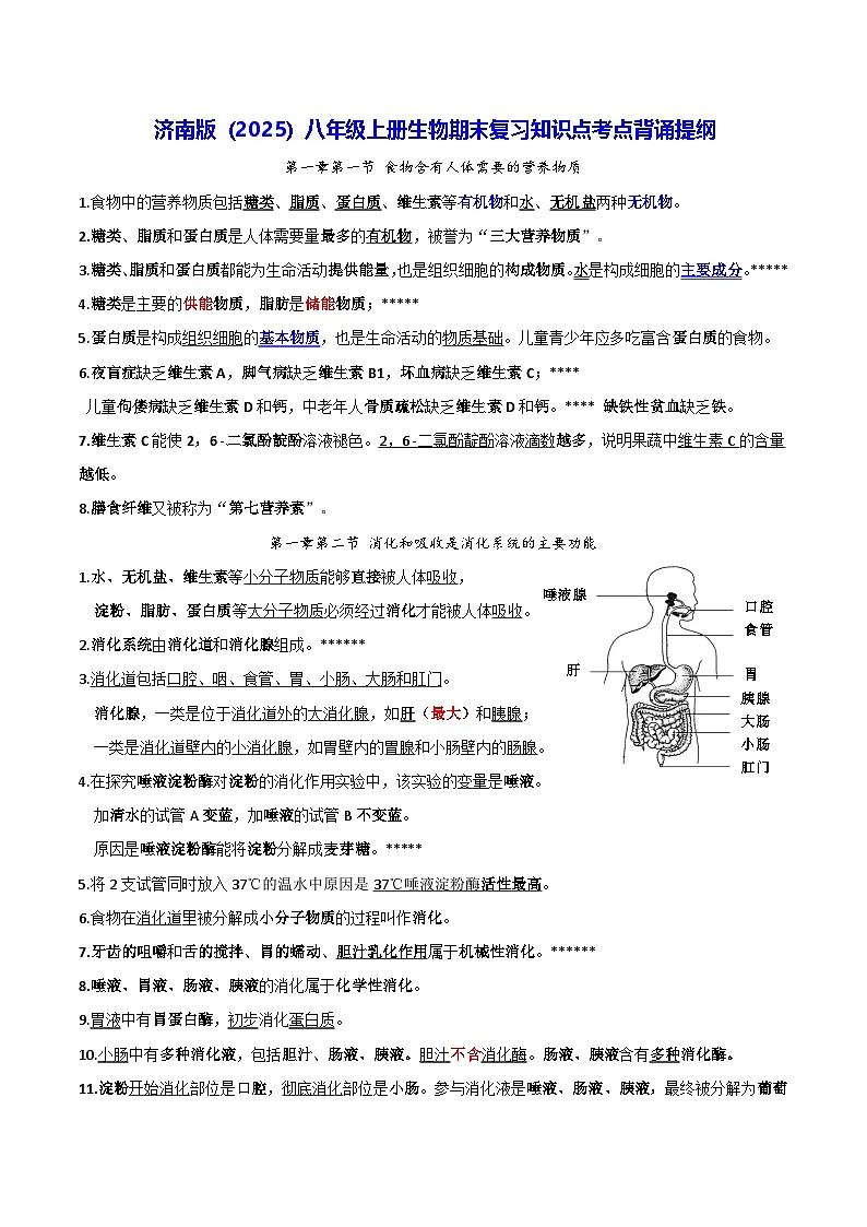 济南版(2025)八年级上册生物期末复习知识点考点背诵提纲 讲义第1页