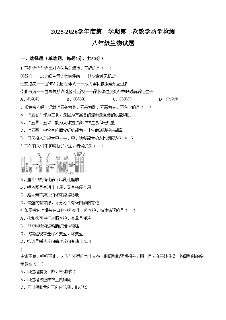 山东省滨州市滨城区北镇中学实验初中部2025_2026学年八年级上学期第二次月考生物试题(文字版,含答案)第1页