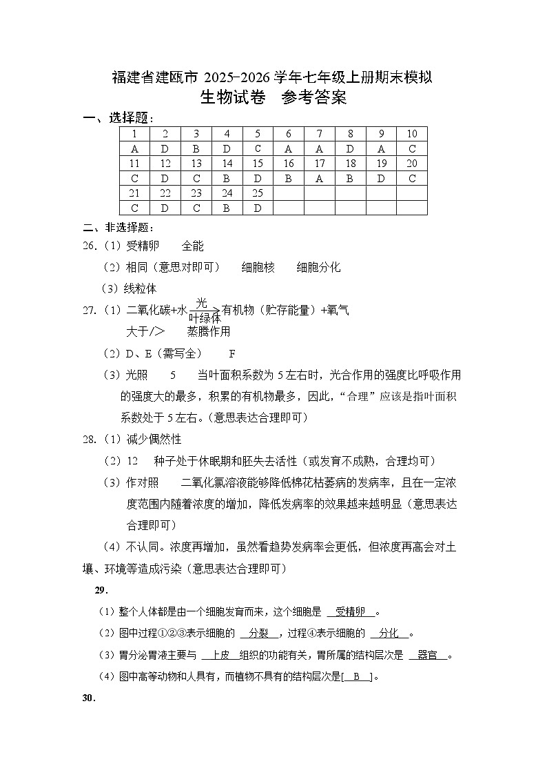 福建省建瓯市2025-2026七上期末模拟生物试卷-参考答案第1页