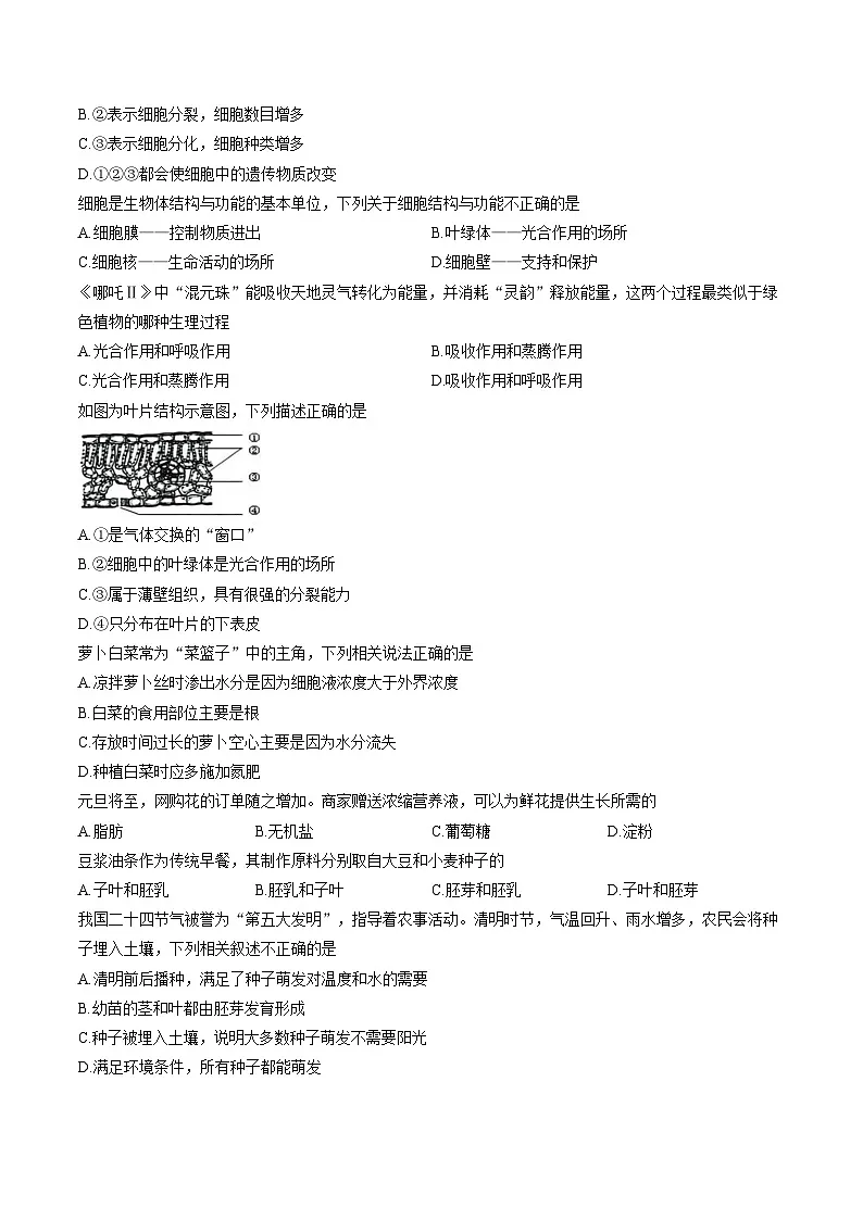 贵州省遵义市新蒲新区2025_2026学年七年级上学期期末测试生物试题(文字版含答案)第3页