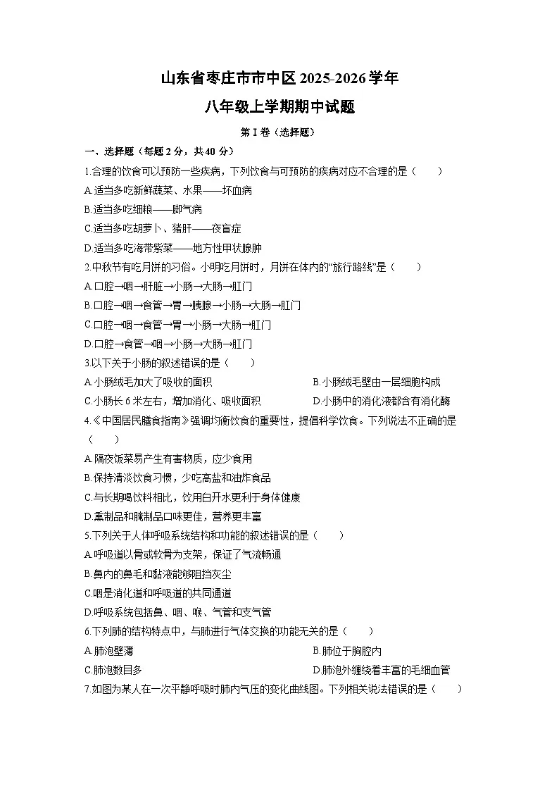 2025-2026学年山东省枣庄市市中区八年级上学期期中生物试卷(学生版)第1页