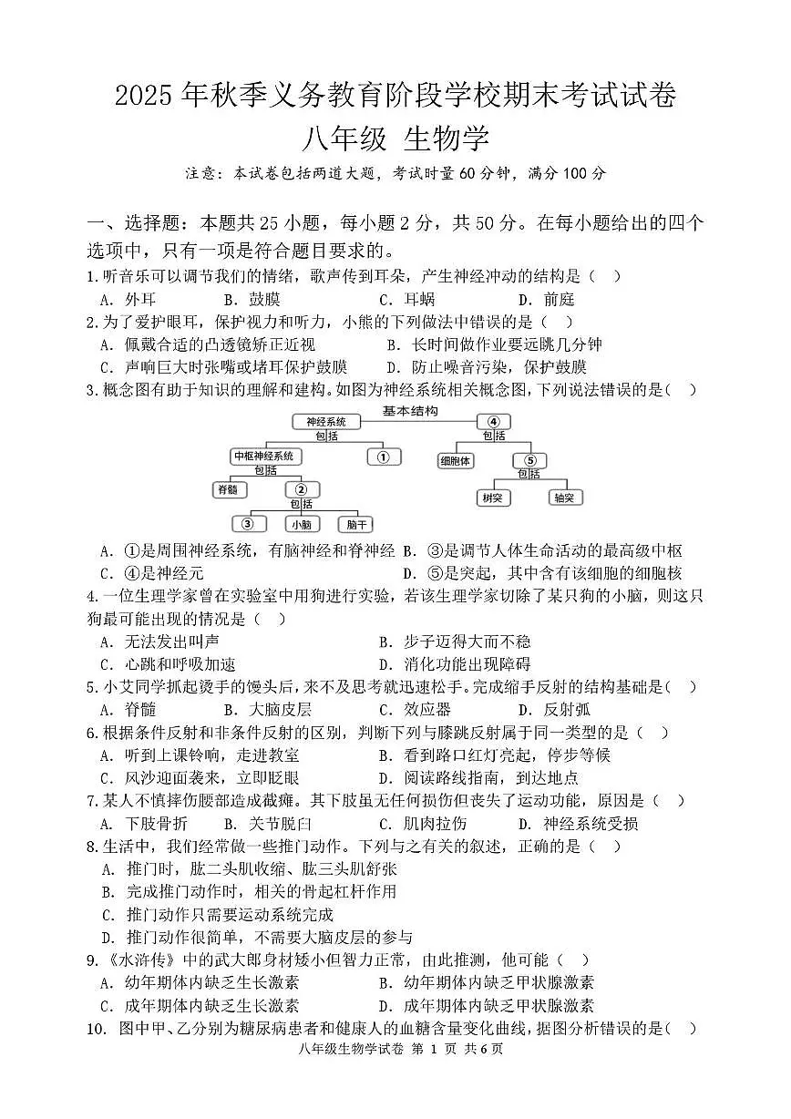 湖南省湘西自治州2025-2026学年八年级上学期期末考试生物试卷第1页