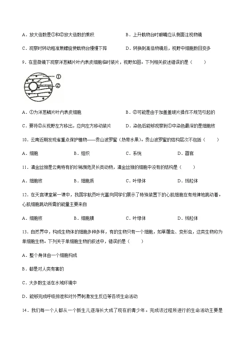 【试卷】云南省玉溪市2025-2026学年七年级上学期期末生物试题第3页