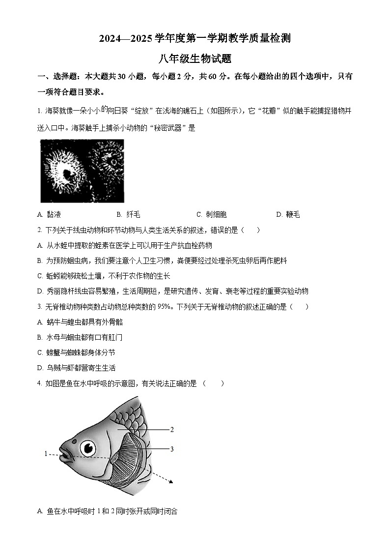 广东省潮州市饶平县八年级上学期期末生物试题(原卷版)-A4第1页