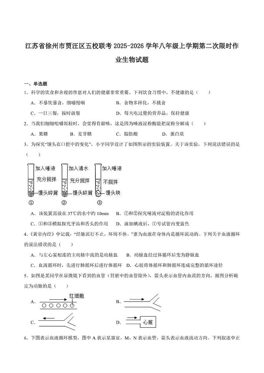 2025-2026学年江苏省徐州市贾汪区五校联考八年级上学期第二次限时作业生物试卷(含答案)第1页