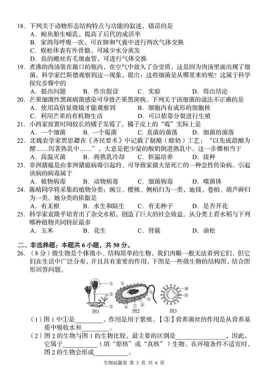 洪江市2025年七年级上学期期末教学质量监测生物学试卷(含答案)第3页