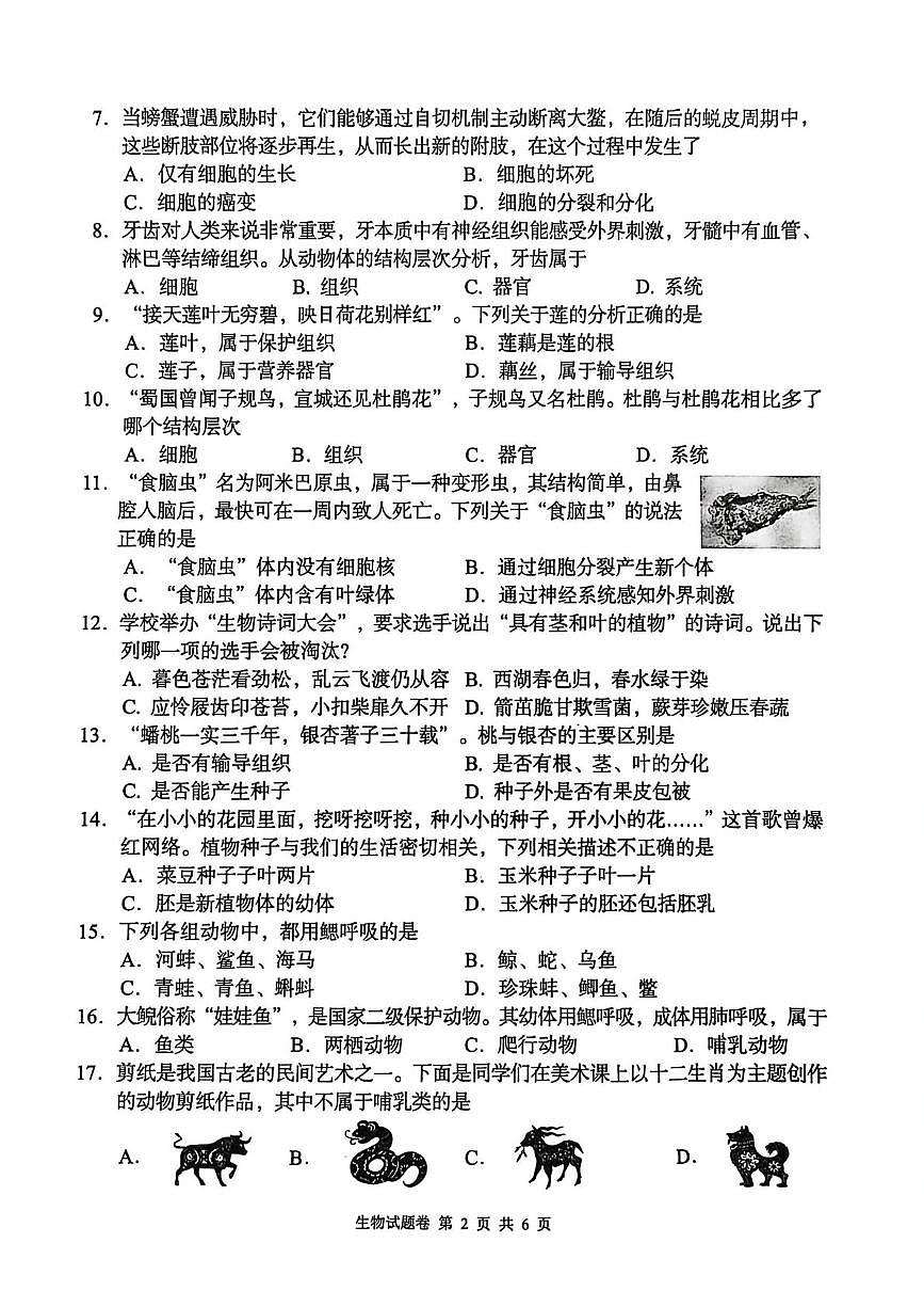 湖南省洪江市2025-2026学年七年级上册期末生物卷第2页