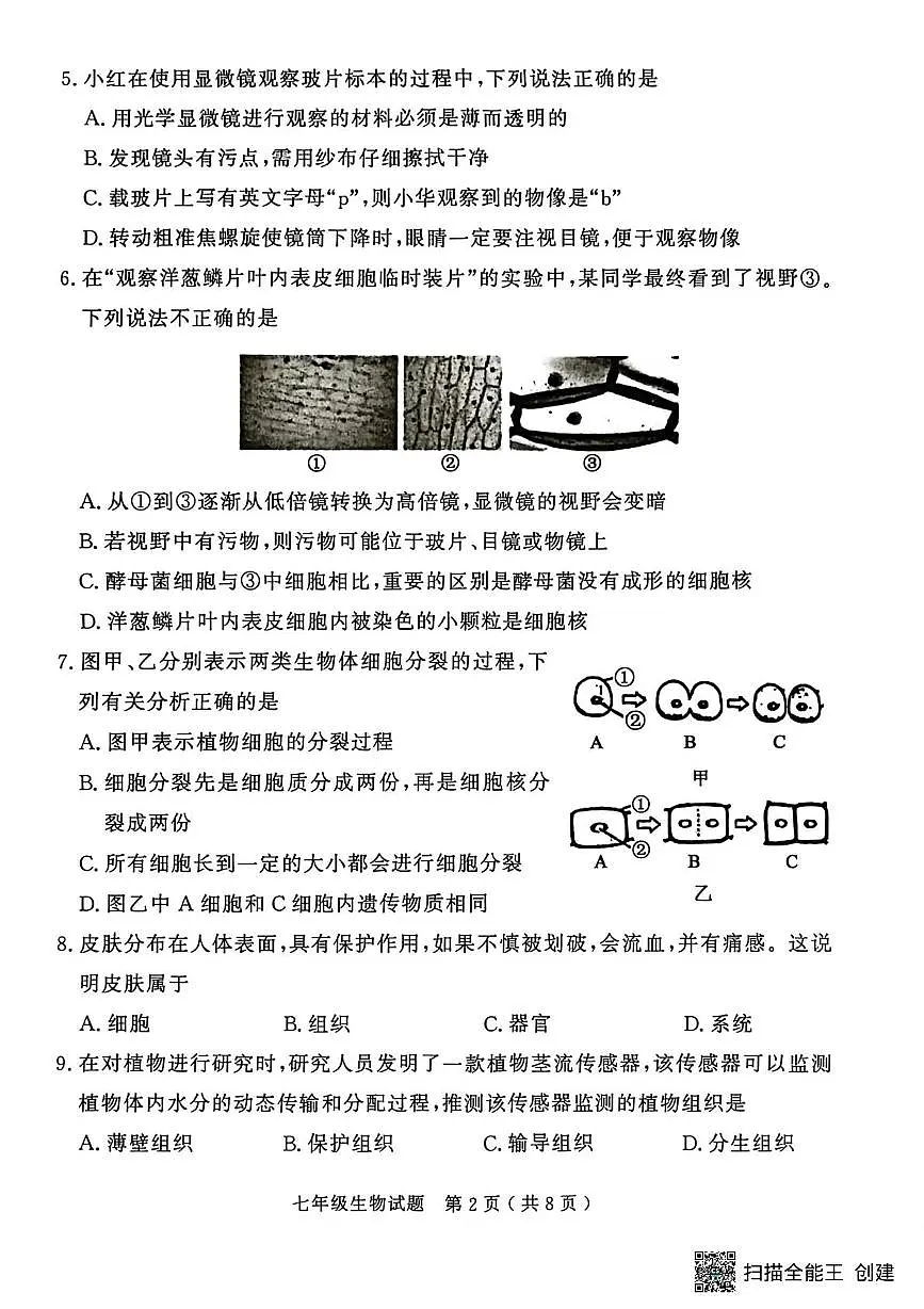 山东省济宁市梁山县2025--2026学年七年级上学期期末生物试题第2页