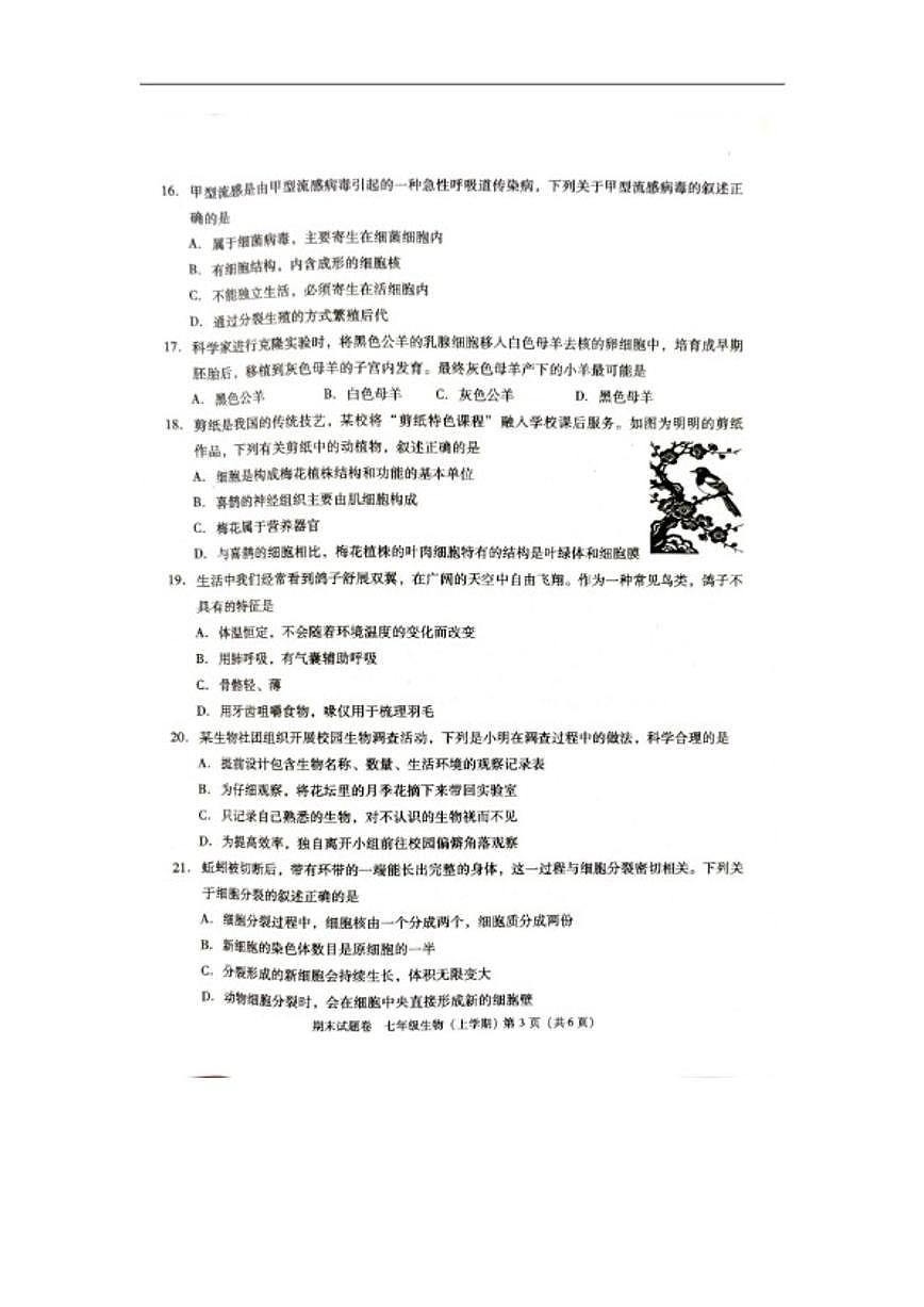 2025-2026学年江西省九江市七年级上学期生物期末试卷(含答案)第3页