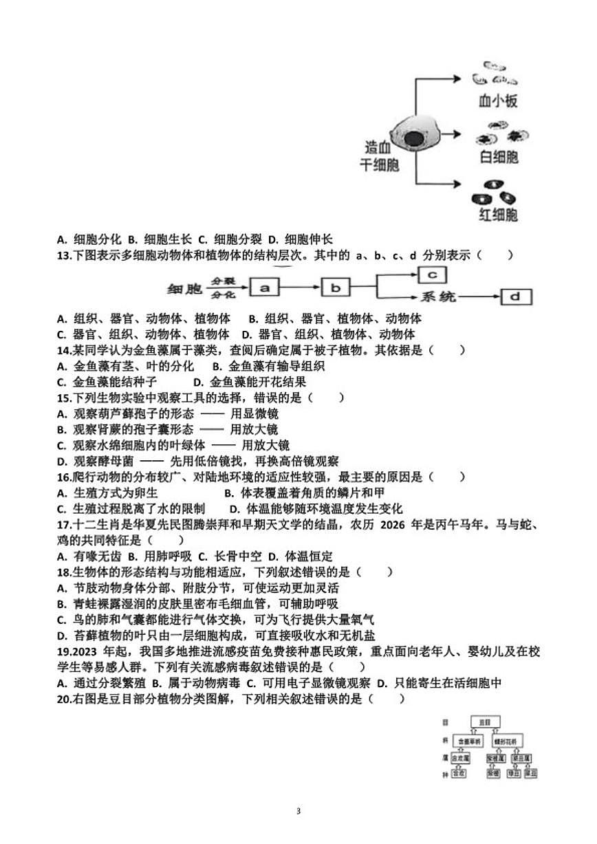 2025~2026学年济南市天桥区七年级第一学期生物期末考试试题(含答案)第3页