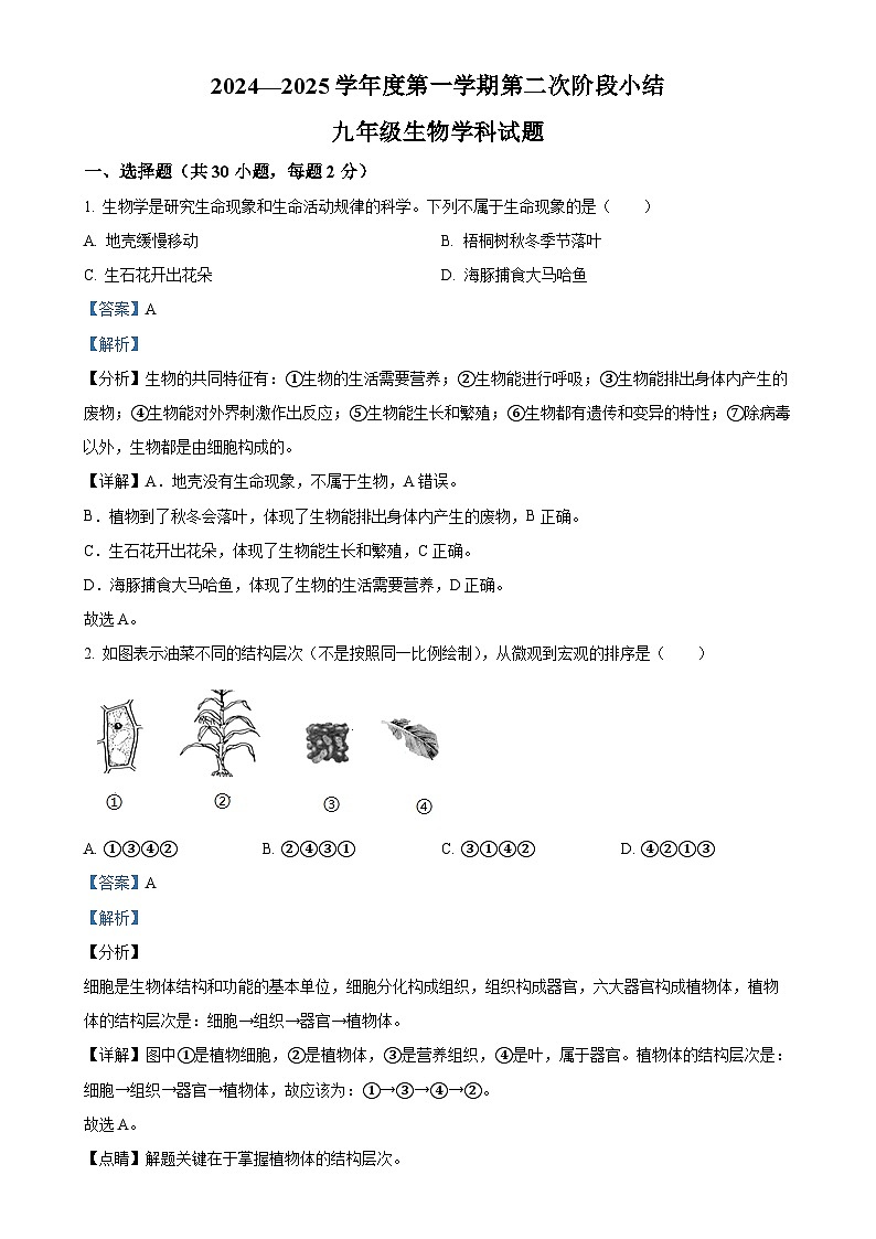 广东省揭阳真理中学九年级上学期第二次月考生物试题(解析版)-A4第1页