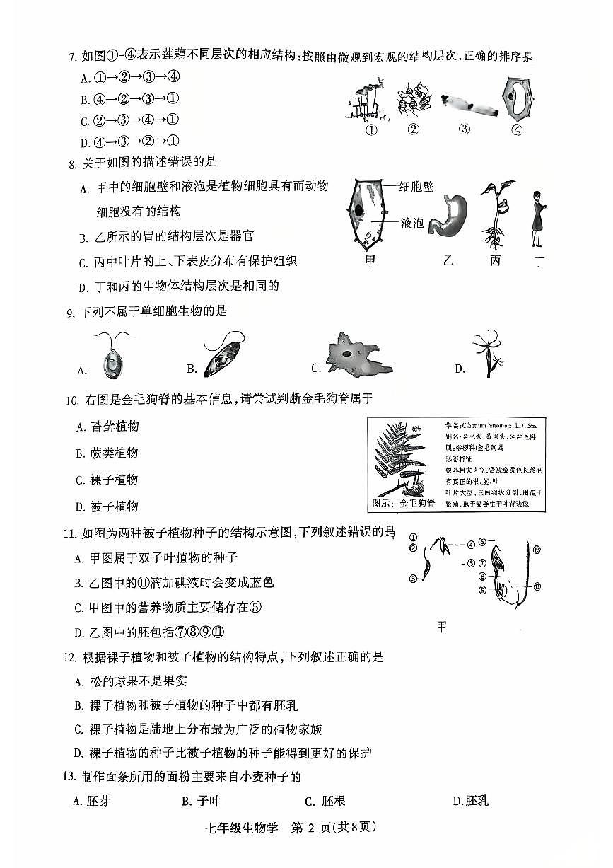 济源市 2025 年~2026 年上学期七年级生物期末试卷第2页