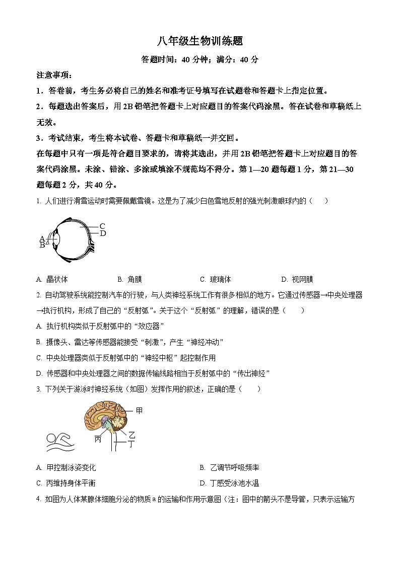 湖北省武汉市蔡甸区2025-2026学年八年级上学期期末生物学试题(原卷+解析)第1页