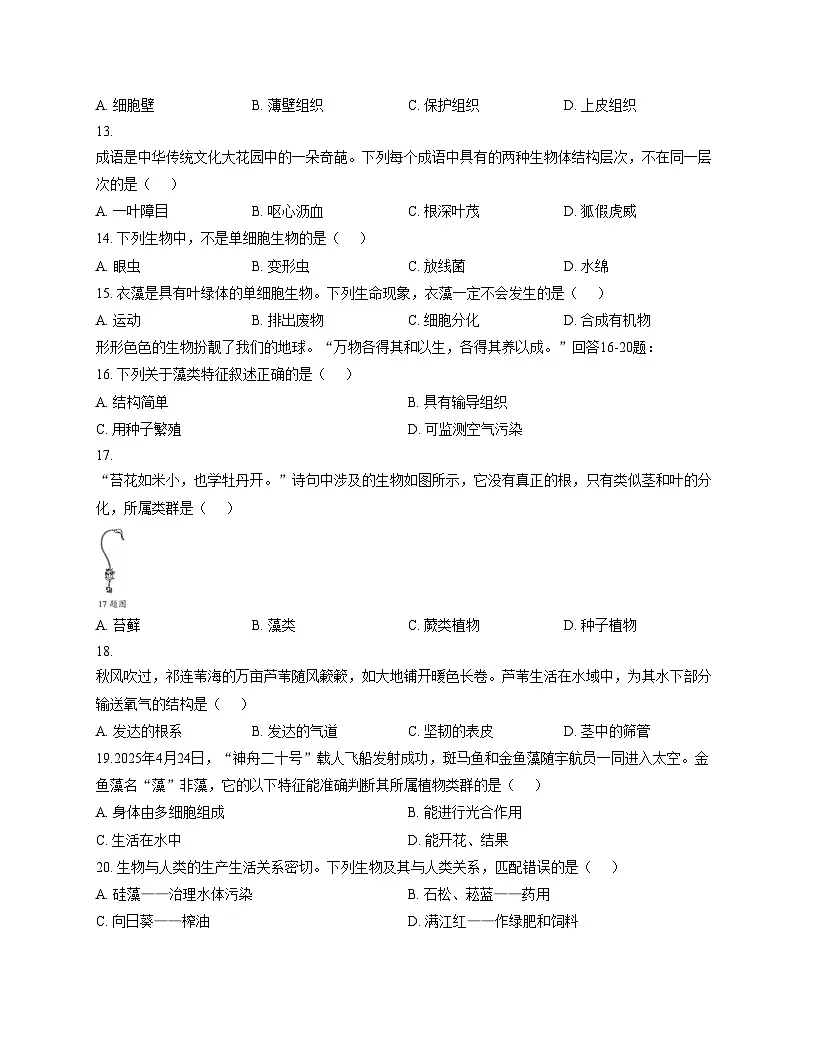 甘肃省兰州市2025_2026学年七年级上学期期中测试生物卷(文字版,含答案)第3页