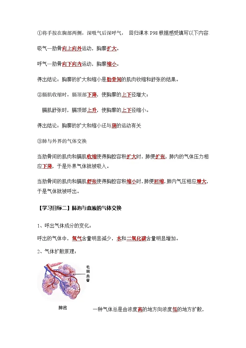 4.3.2 发生在肺内的气体交换(导学案)(解析版)初中生物人教版(2024)七年级下册第2页