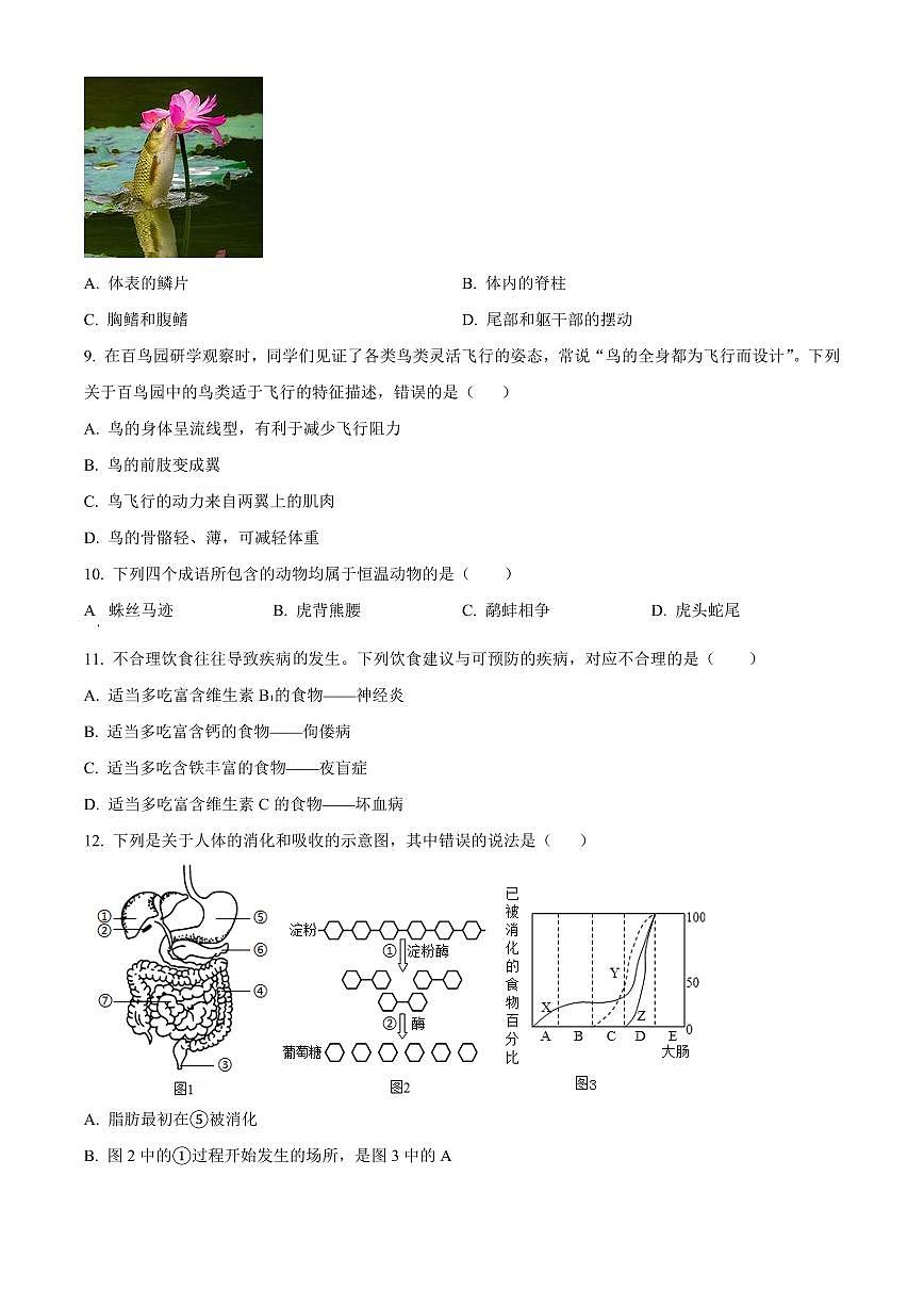 山东济宁市曲阜市2025-2026学年度第一学期期末教学质量监测八年级生物试题(试卷+解析)第3页