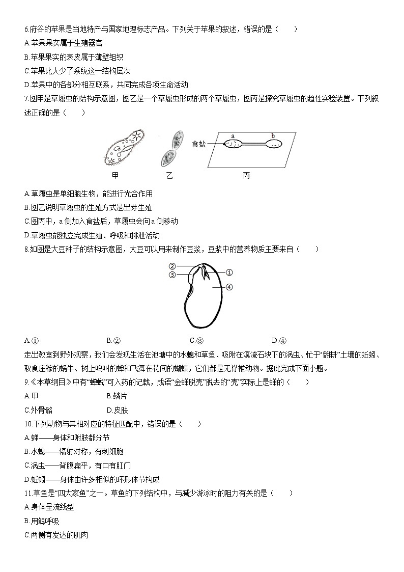 陕西省榆林市府谷县2025--2026学年七年级上学期1月期末考试生物试卷(学生版)第2页