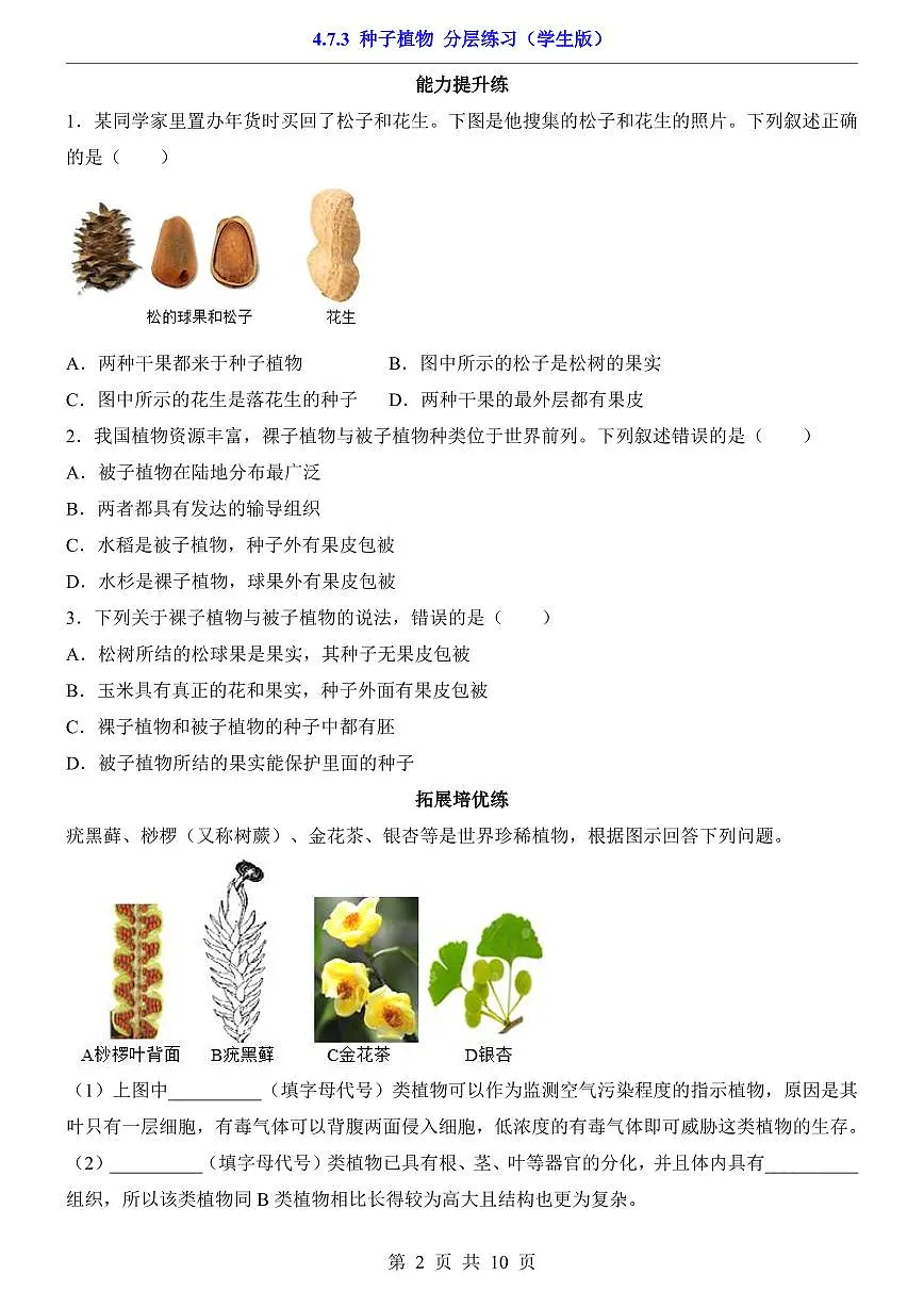 2024版苏科版七年级下册生物一课一练4.7.3 种子植物(含答案解析)第2页