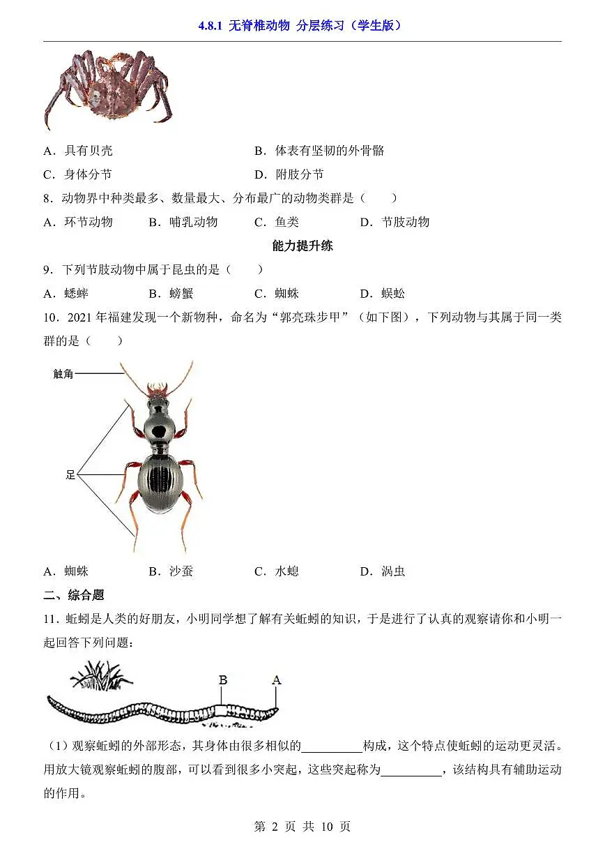 2024版苏科版七年级下册生物一课一练4.8.1 无脊椎动物(含答案解析)第2页