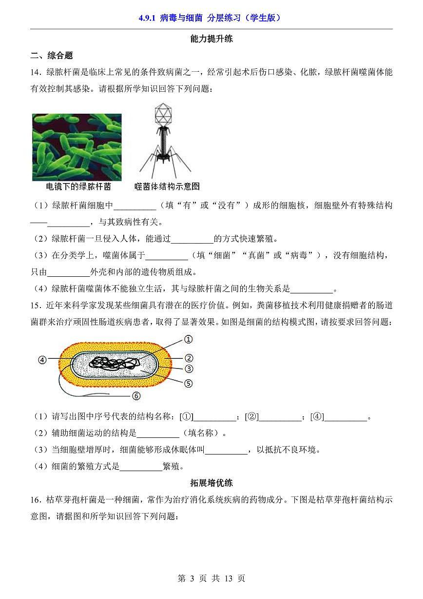 2024版苏科版七年级下册生物一课一练4.9.1 病毒与细菌(含答案解析)第3页