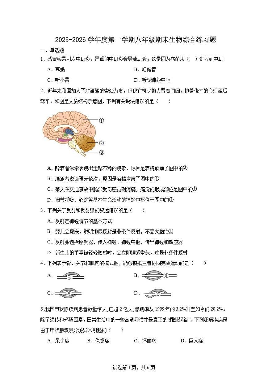 2025-2026学年度第一学期八年级期末生物综合练习题(含答案)第1页